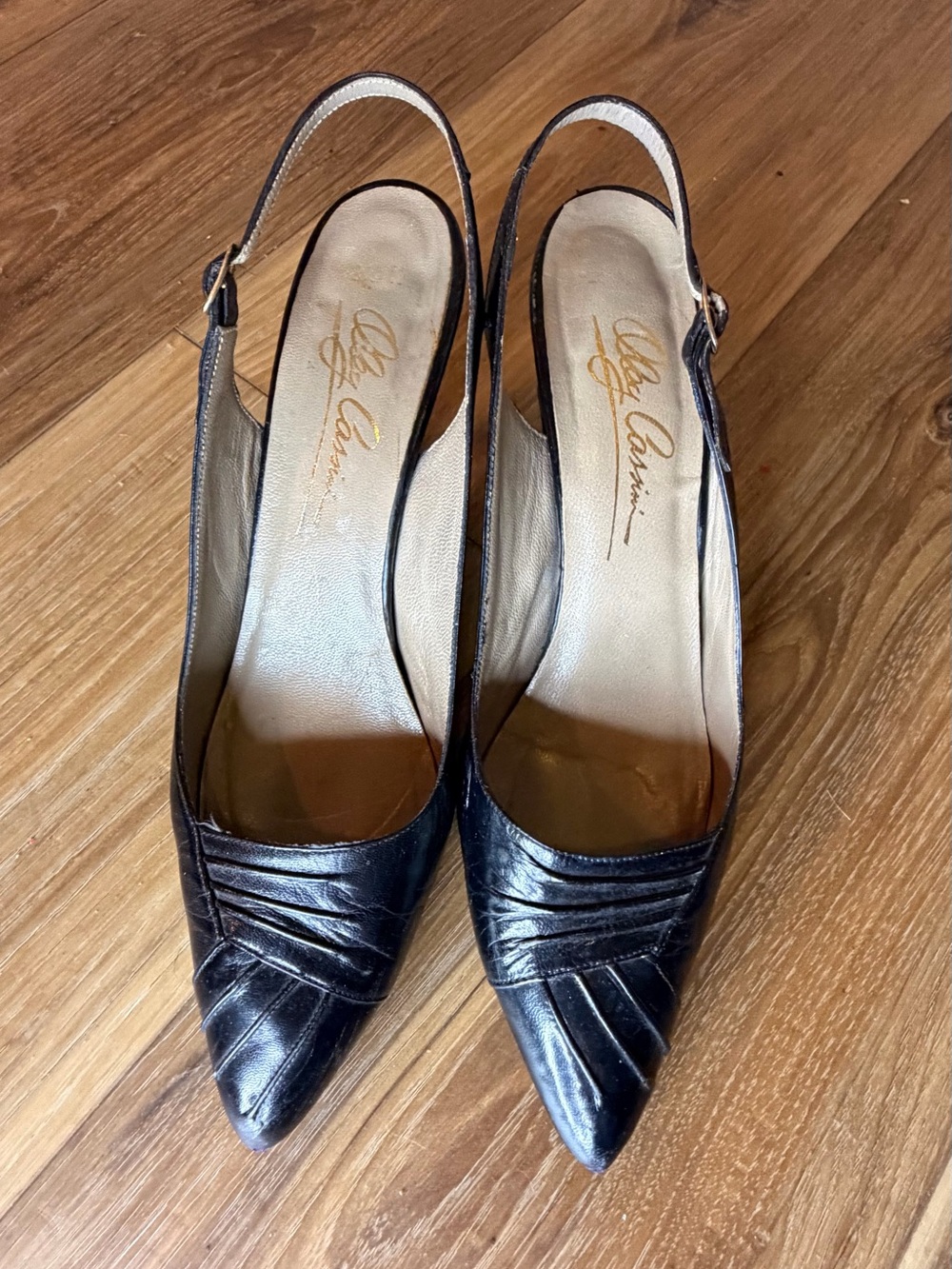 Vintage 1980s Oleg Cassini Black Leather Slingback Heels 7.5 Made in Spain